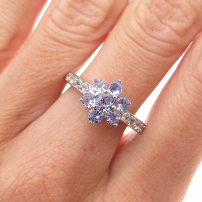 925 Sterling Silver Real Tanzanite & White Topaz Floral Ring Size 7.25