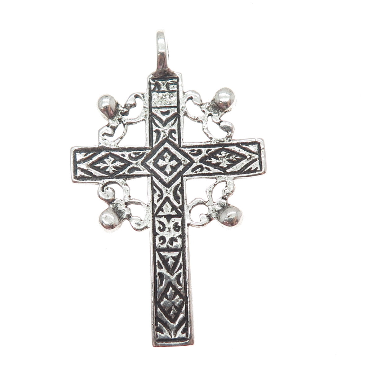 925 Sterling Silver Vintage Ornate Orthodox Cross Oxidized Pendant