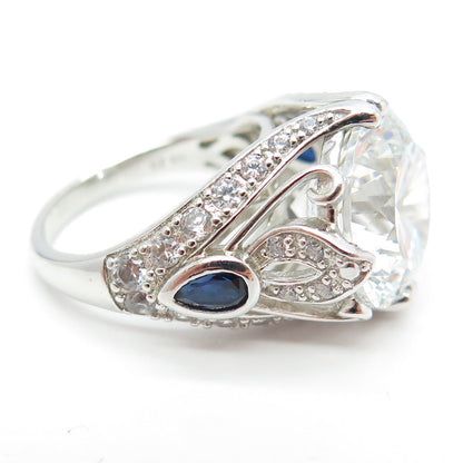 925 Sterling Silver Pear & Round-Cut Blue & White C Z Ring Size 7.25