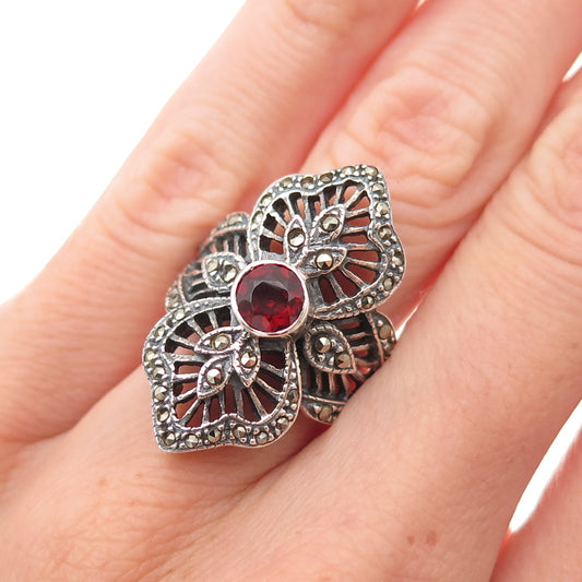 925 Sterling Silver Vintage Real Garnet & Marcasite Floral Oxidized Ring Size 6