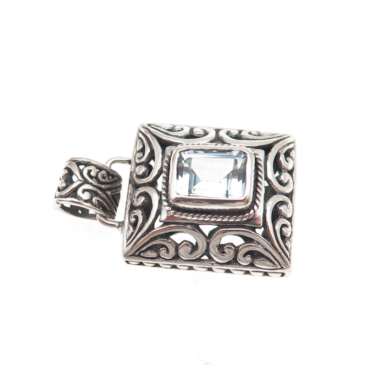 925 Sterling Silver Vintage Real Blue Topaz Floral Ornate Oxidized Charm Pendant
