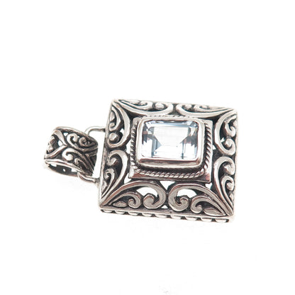 925 Sterling Silver Vintage Real Blue Topaz Floral Ornate Oxidized Charm Pendant