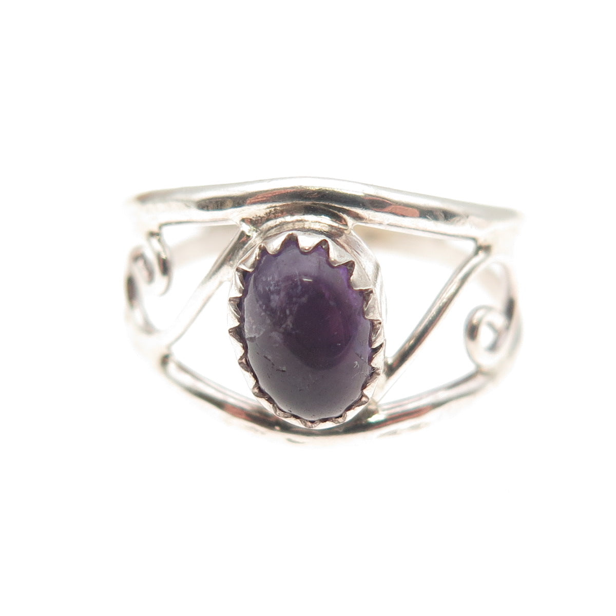 925 Sterling Silver Vintage Real Oval-Cut Amethyst Swirl Ring Size 6