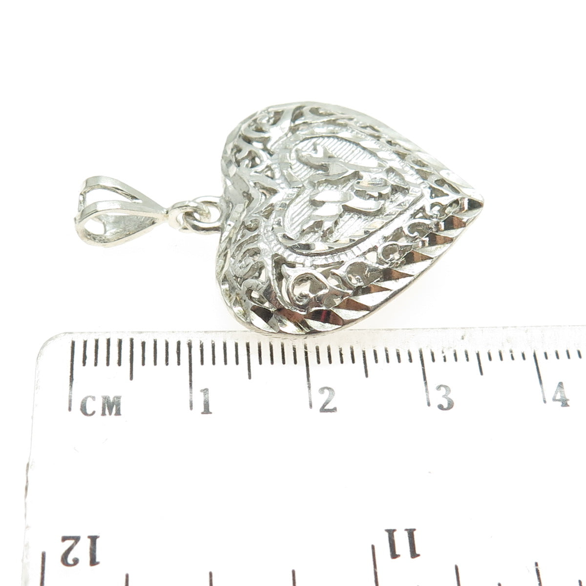 CHAPAL ZENRAY 925 Sterling Silver Vintage Diamond-Cut Puffy Ornate Heart Pendant