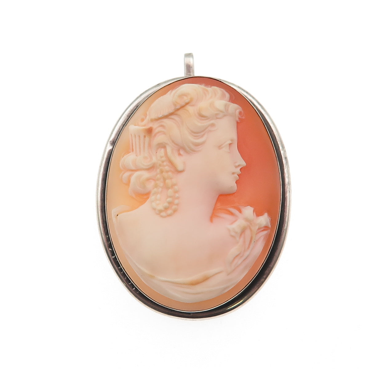 800 Silver Antique Art Deco Real MOP Carved Lady Cameo Pin Brooch / Pendant