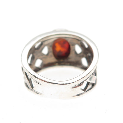 925 Sterling Silver Vintage Real Amber Woven Oxidized Ring Size 5.5