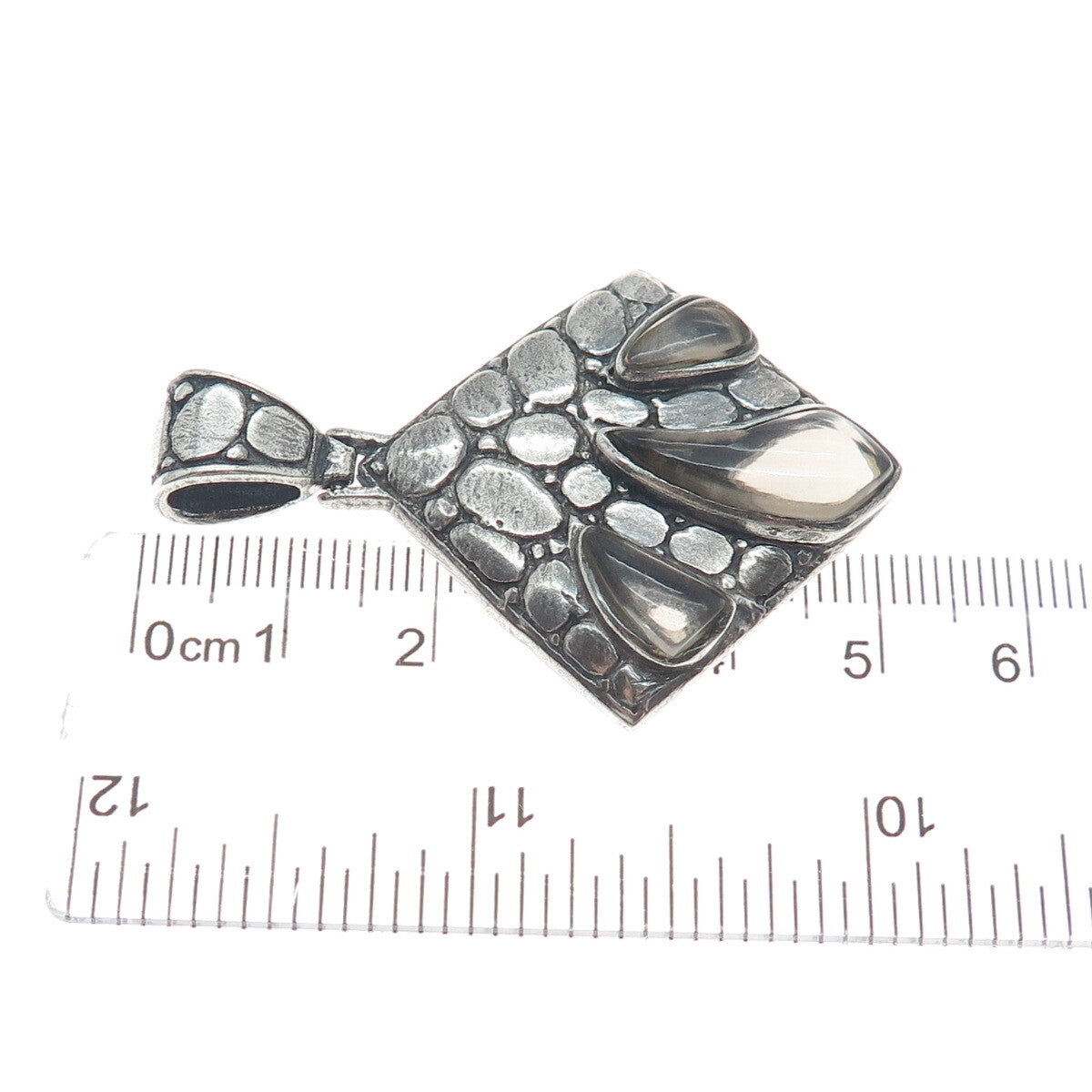 925 Sterling Silver Vintage Real Smoky Quartz Pebble Modernist Oxidized Pendant