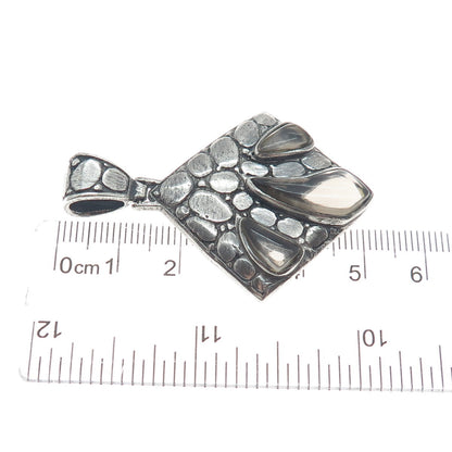 925 Sterling Silver Vintage Real Smoky Quartz Pebble Modernist Oxidized Pendant