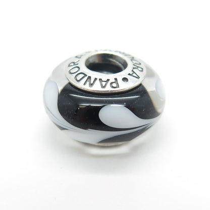 PANDORA 925 Sterling Silver Murano Glass White & Black Branches Bead Charm