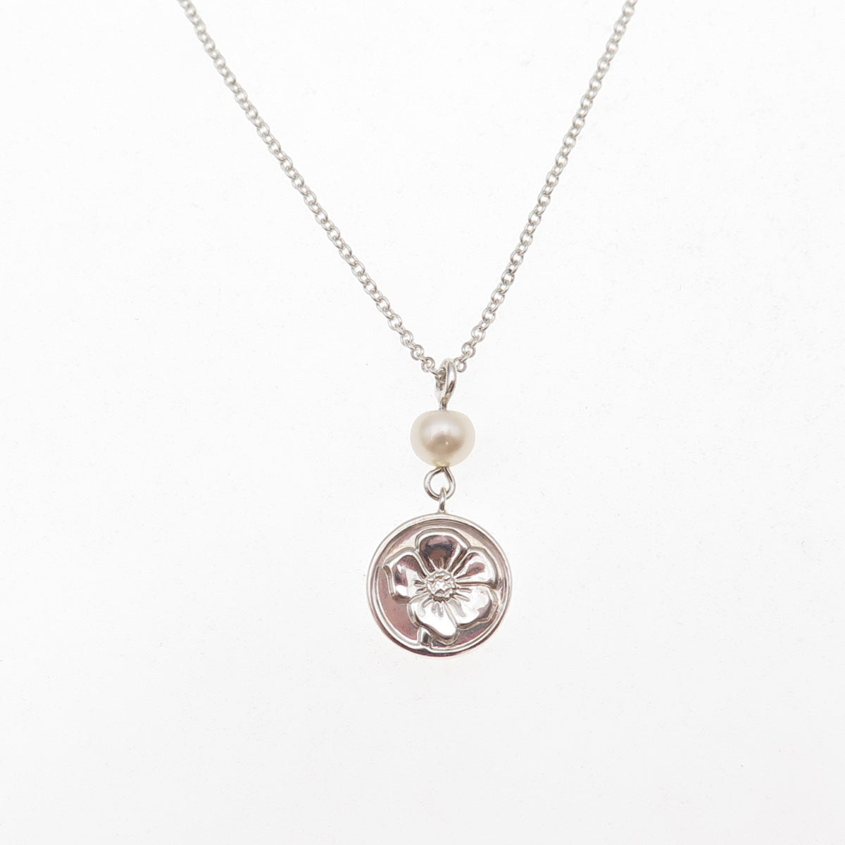 Tiffany & Co. Sterling Silver Vintage Real Pearl Floral Cable Chain Necklace 16"