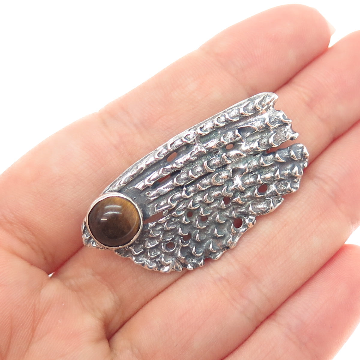 925 Sterling Silver Vintage Real Tiger Eye Modernist Oxidized Pin Brooch