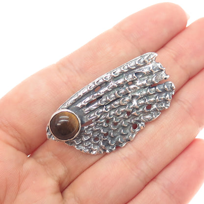 925 Sterling Silver Vintage Real Tiger Eye Modernist Oxidized Pin Brooch