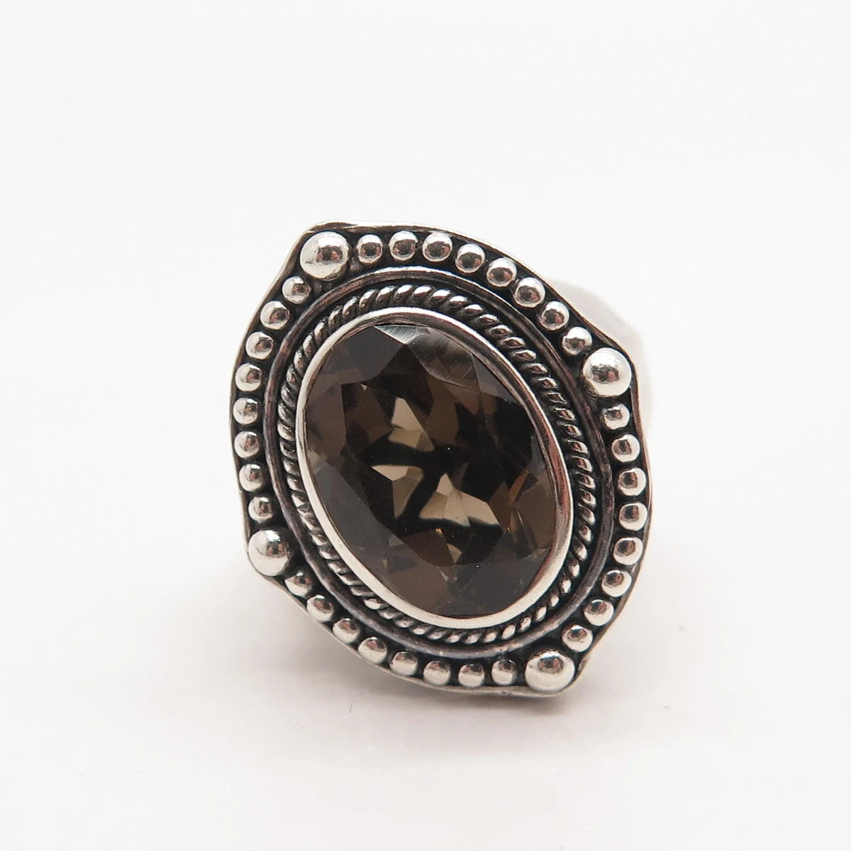 925 Sterling Silver Vintage Real Smoky Quartz Beaded Ring Size 7.25
