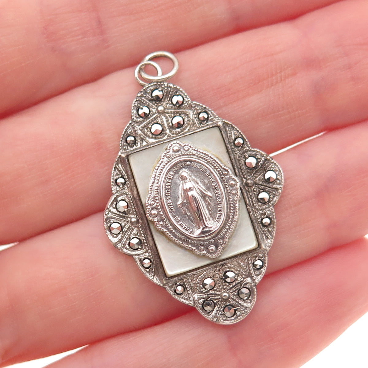 Theda Sterling Silver Antique Art Deco Real MOP Marcasite St. Mary Charm Pendant