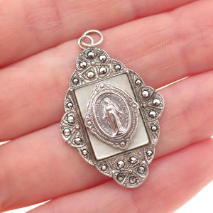 Theda Sterling Silver Antique Art Deco Real MOP Marcasite St. Mary Charm Pendant