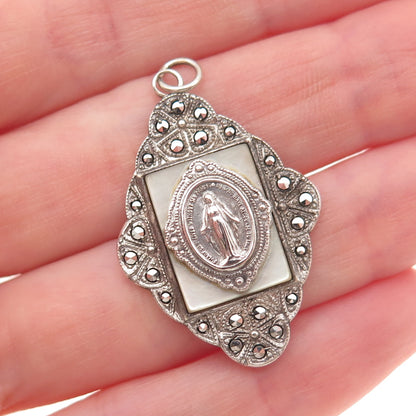 Theda Sterling Silver Antique Art Deco Real MOP Marcasite St. Mary Charm Pendant
