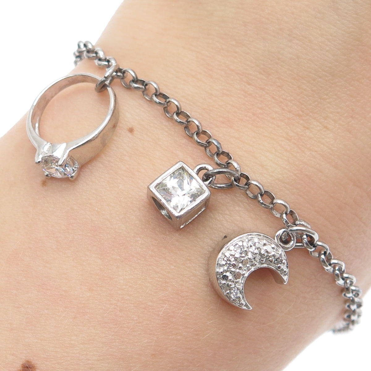 925 Sterling Vintage Round & Princess-Cut C Z Wedding Charms Rolo Bracelet 7.25"