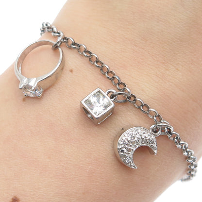 925 Sterling Vintage Round & Princess-Cut C Z Wedding Charms Rolo Bracelet 7.25"