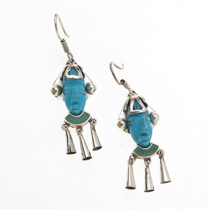 925 Sterling Silver Vintage Mexico Real Turquoise & Malachite Aztec God Earrings