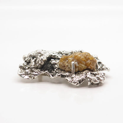 925 Sterling Silver Vintage Real Citrine Gemstone Modernist Pin Brooch