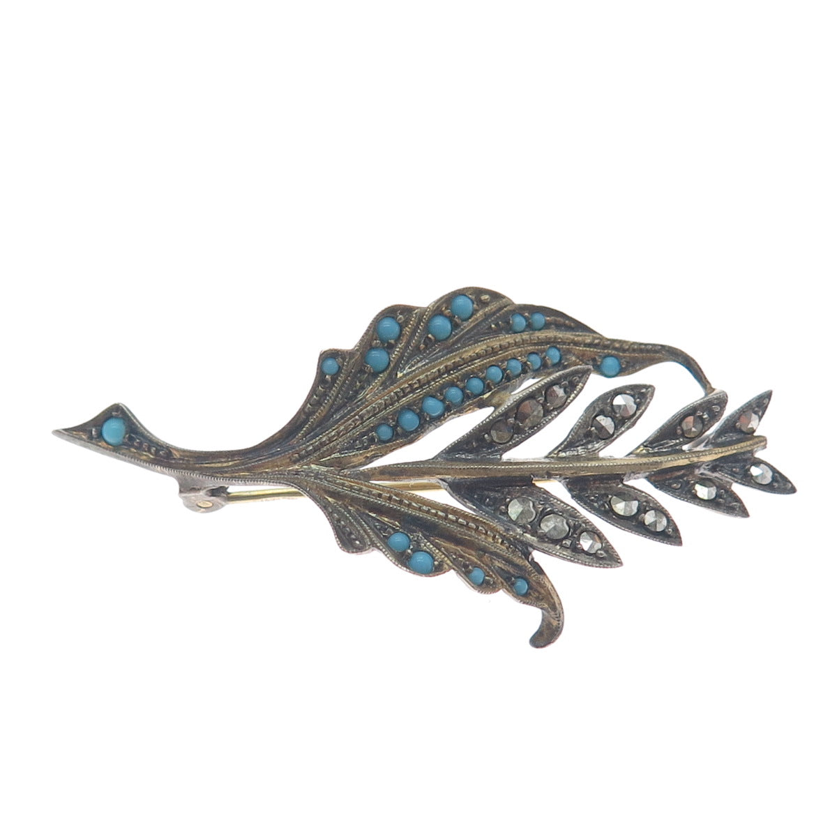 925 Sterling Gold Plated Antique Germany Faux Turquoise Marcasite Flower Brooch