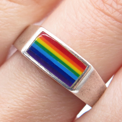 925 Sterling Silver Vintage Enamel Rainbow Signet Oxidized Ring Size 9