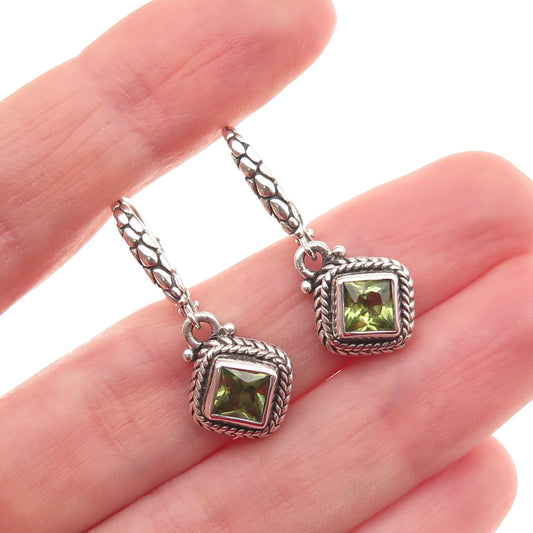 925 Sterling Silver Vintage Real Princess-Cut Peridot Dangle Earrings