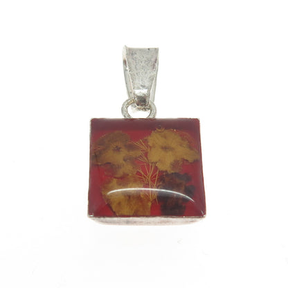 925 Sterling Silver Vintage Mexico Glass Pressed Flower Pendant