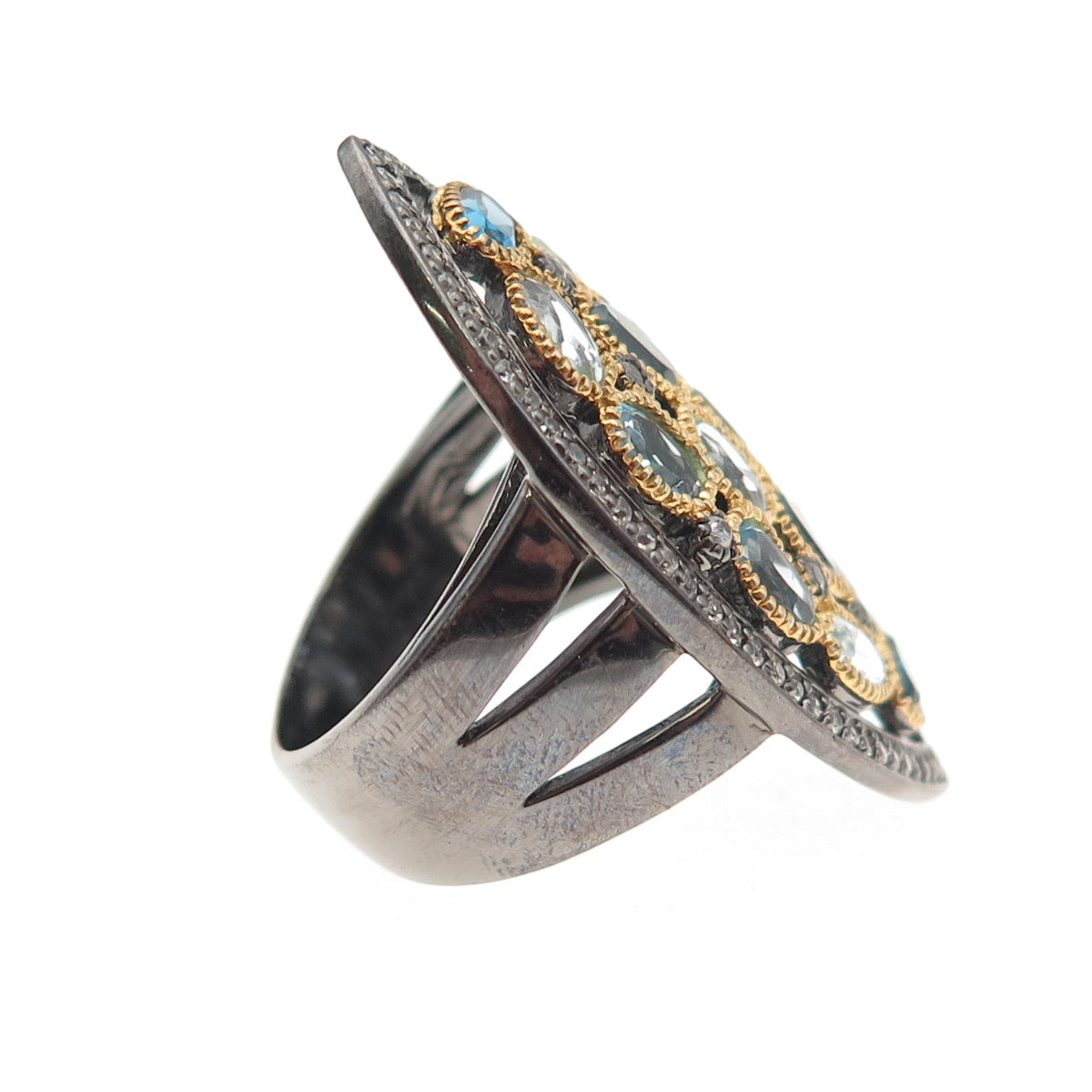 925 Sterling 2-Tone Black Rhodium Real London Blue & White Topaz Ring Size 6.25