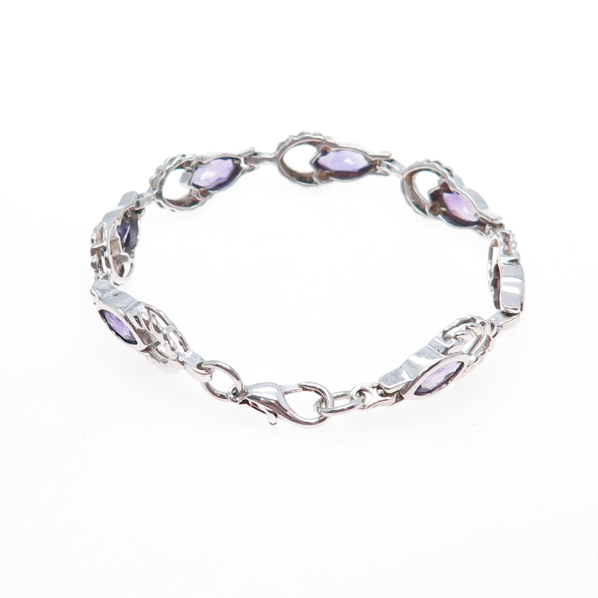 925 Sterling Silver Vintage Real Marquise-Cut Amethyst Modernist Bracelet 7"