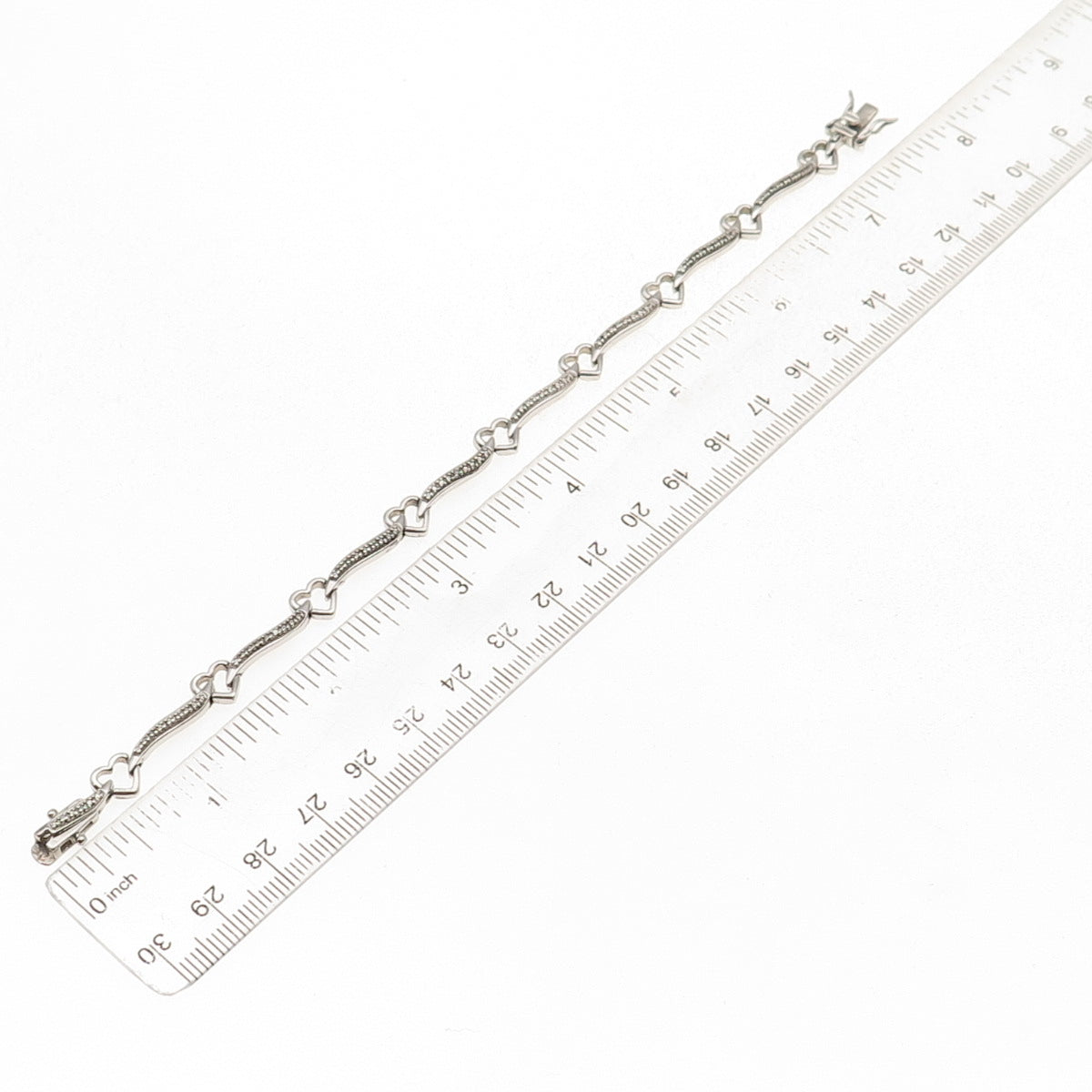 925 Sterling Silver Real Round-Cut Diamond Heart & Bar Link Bracelet 7.25"