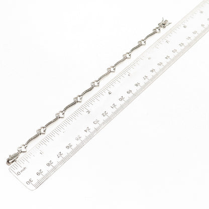 925 Sterling Silver Real Round-Cut Diamond Heart & Bar Link Bracelet 7.25"