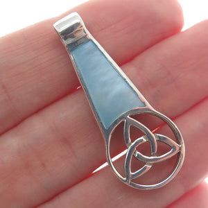 925 Sterling Silver Vintage Blue Mother-of-Pearl Triquetra Amulet Slide Pendant
