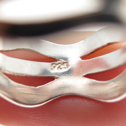 925 Sterling Silver Vintage Modernist 3-Row Wavy Band Ring Size 7.25