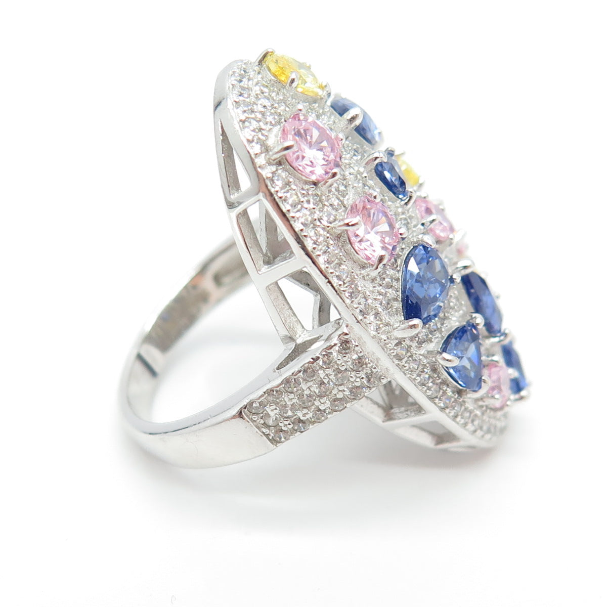 925 Sterling Silver Multi-Cut Blue Pink Canary White C Z Statement Ring Size 7