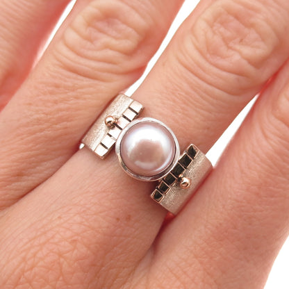 925 Sterling Silver 10K Gold Vintage Real Pearl Modernist Oxidized Ring Size 8
