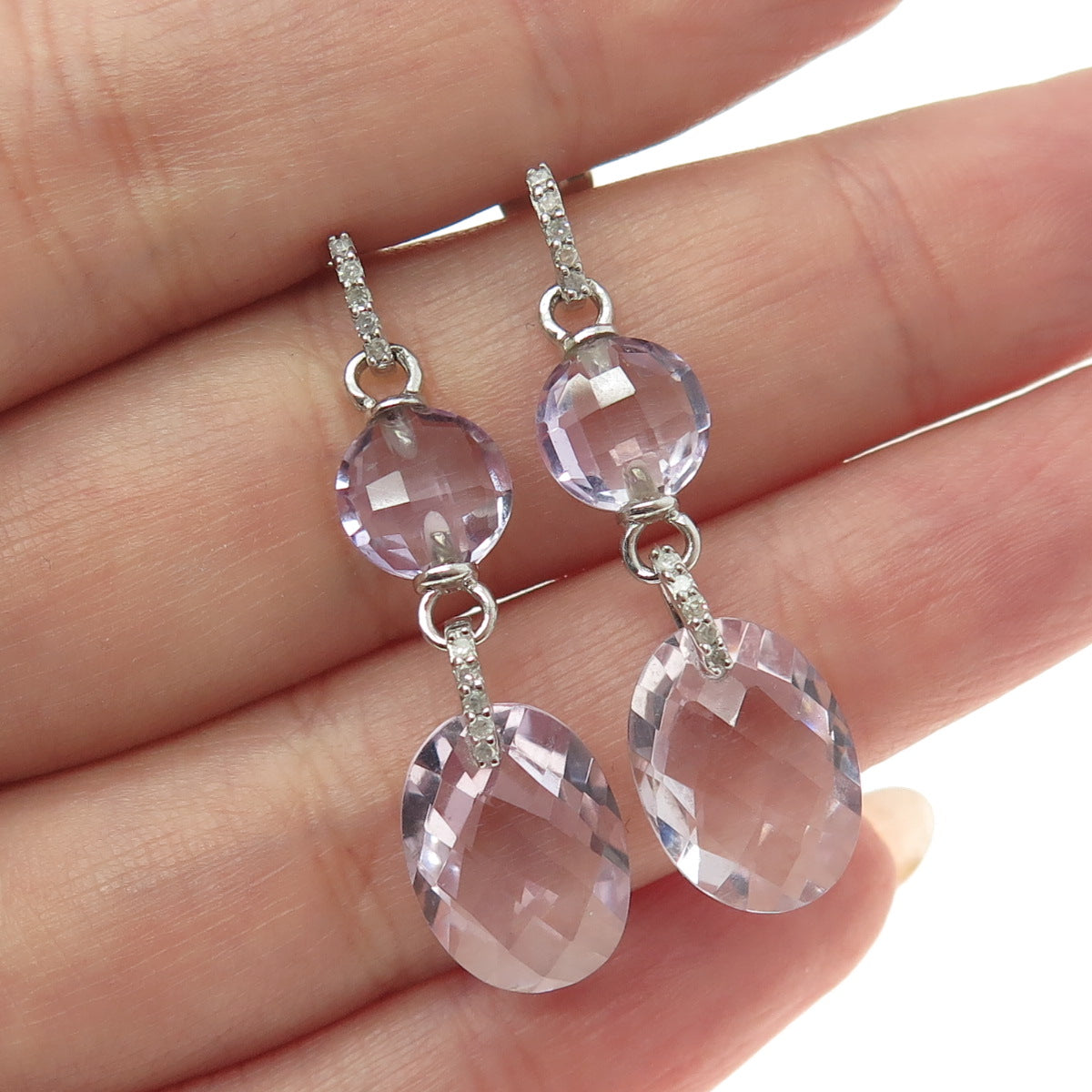 925 Sterling Silver Real White Diamond & Amethyst Gemstone Dangle Earrings