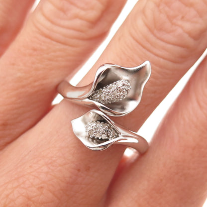 925 Sterling Silver Real Diamond Calla Lily Adjustable Ring Size 8.25