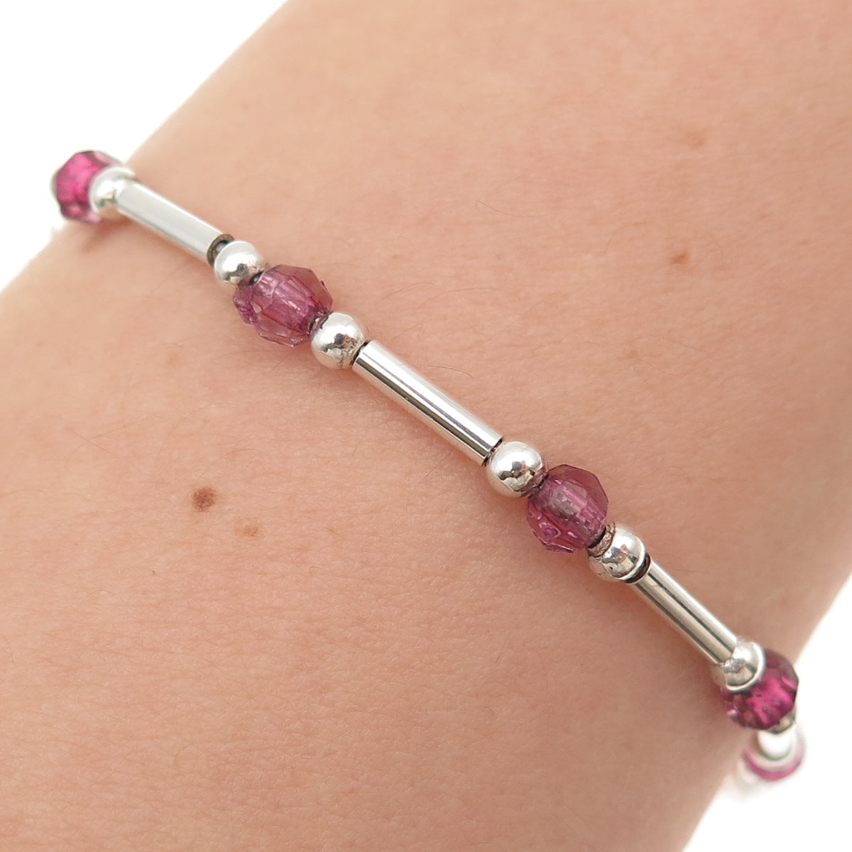 925 Sterling Silver Vintage Italy Real Pink Tourmaline Bar Beaded Bracelet 7"