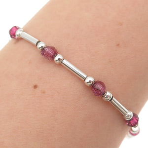 925 Sterling Silver Vintage Italy Real Pink Tourmaline Bar Beaded Bracelet 7"
