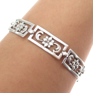 925 Sterling Silver Antique Art Deco Flower Blossom Panel Link Bracelet 7.75"