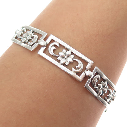 925 Sterling Silver Antique Art Deco Flower Blossom Panel Link Bracelet 7.75"