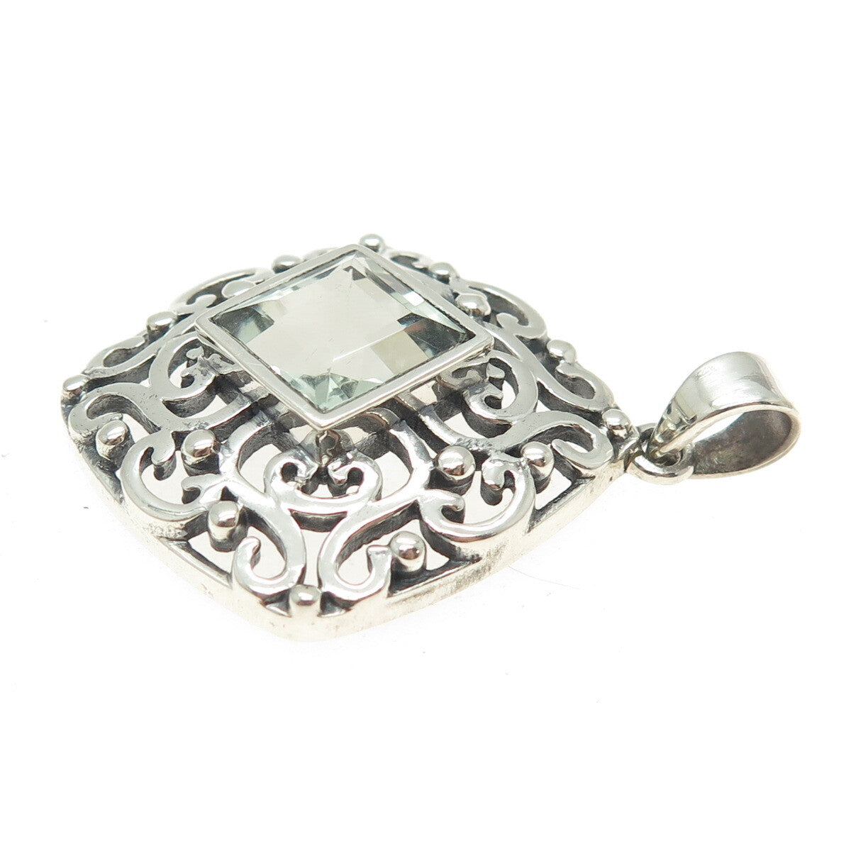 925 Sterling Silver Vintage Real Green Amethyst Swirl Cushion Pendant