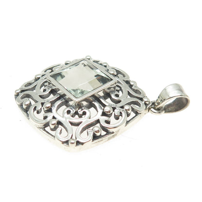 925 Sterling Silver Vintage Real Green Amethyst Swirl Cushion Pendant