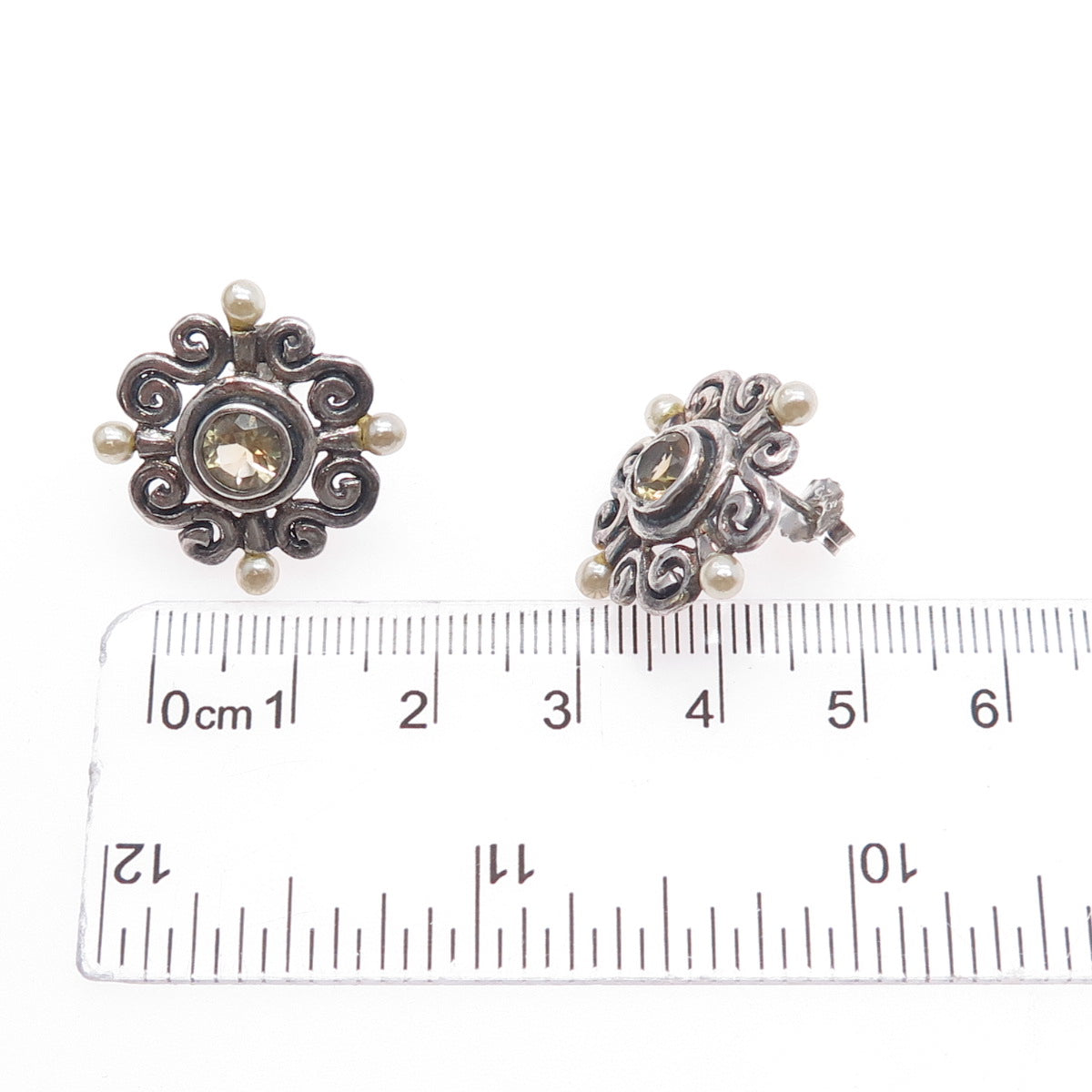 925 Sterling Silver Vintage Faux Pearl & Real Citrine Swirl Oxidized Earrings