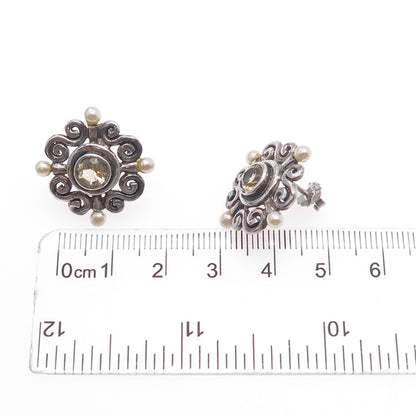 925 Sterling Silver Vintage Faux Pearl & Real Citrine Swirl Oxidized Earrings