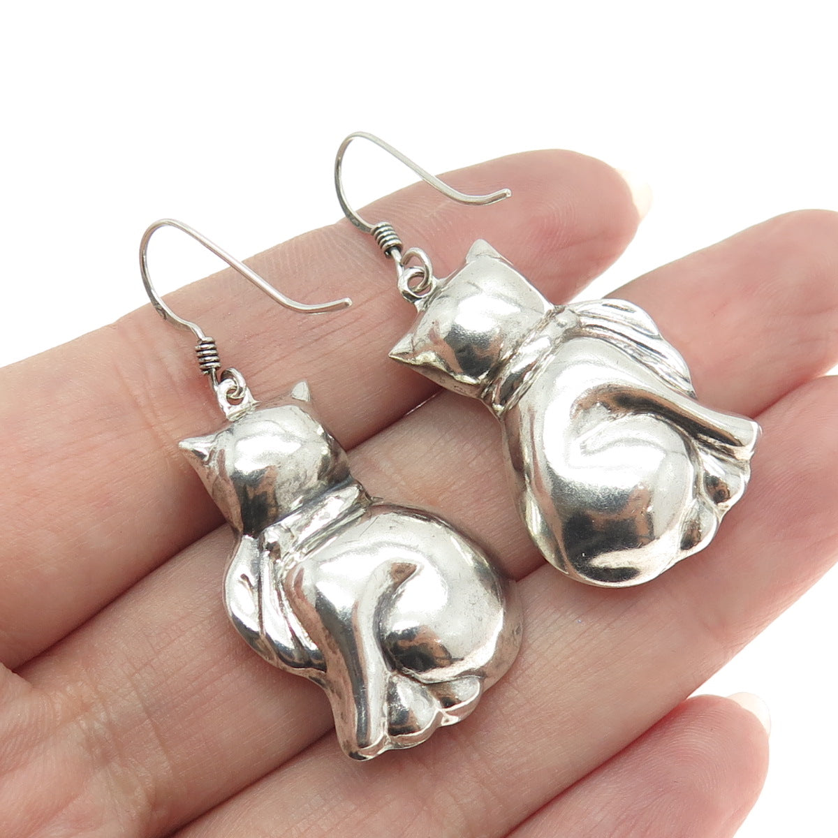 925 Sterling Silver Vintage Cat Puffy Drop 3D Earrings