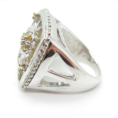 925 Sterling Silver Real Mother-of-Pearl & Citrine Seagull Sun Ring Size 7.25