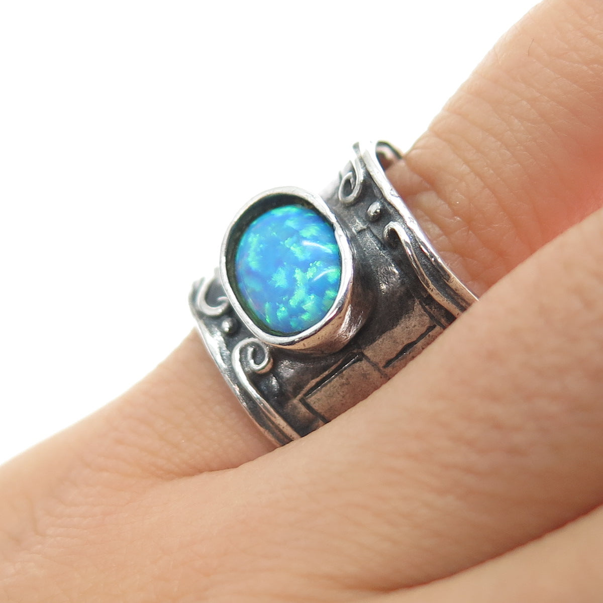 925 Sterling Silver Vintage Real Opal Modernist Oxidized Ring Size 6.25