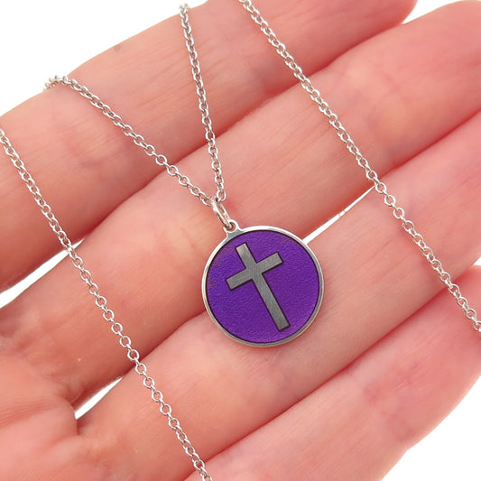 925 Sterling Silver Purple Enamel Cross Cable Chain Necklace 18"
